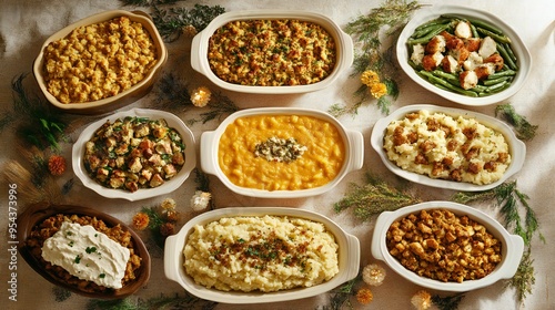 A variety of Thanksgiving side dishes laid out on the table, including stuffing, mashed potatoes, and green bean casserole.