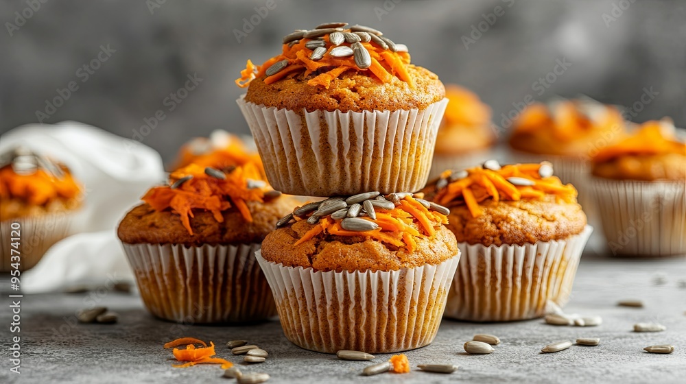 A stack of freshly baked carrot muffins with sunflower seeds and shredded carrots on top. A stack of freshly baked carrot muffins with sunflower seeds and shredded carrots on top.