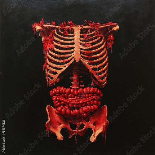 A haunting depiction of a human skeleton, emphasizing the contrast of blood against dark space, evoking visceral emotions. photo