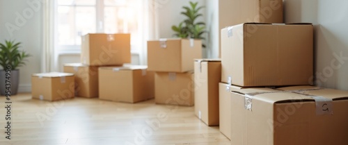 Cardboard Boxes Stacked Neatly Representing Moving Day in Bright Interior with Copy Space photo