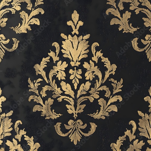 Gold Leaf Damask Pattern on Black Background photo