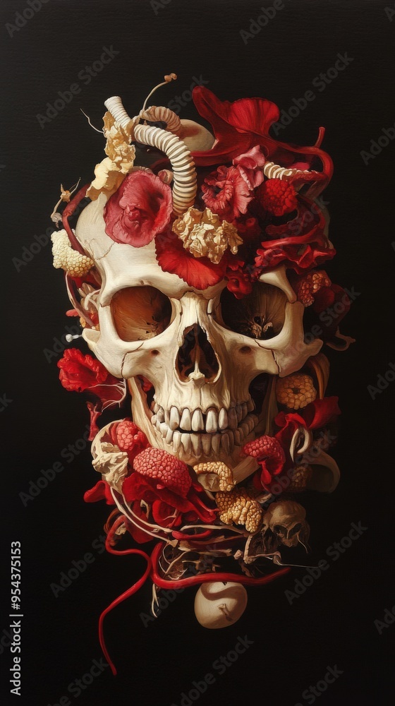 Fototapeta premium A striking skull adorned with intricate details, blending life and death in a captivating, artistic composition.