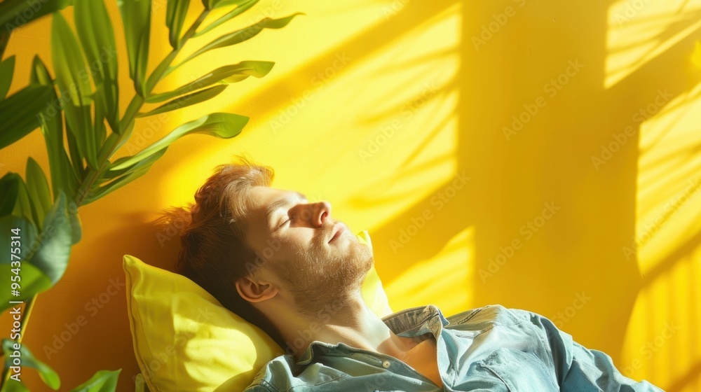 Young man resting or taking a nap comfortably against a yellow wall near a window bathed in soft sunlight. Natural indoor green plant beside him. Sense of calm and contentment or daydreaming concept Young man resting or taking a nap comfortably against a yellow wall near a window bathed in soft sunlight. Natural indoor green plant beside him. Sense of calm and contentment or daydreaming concept