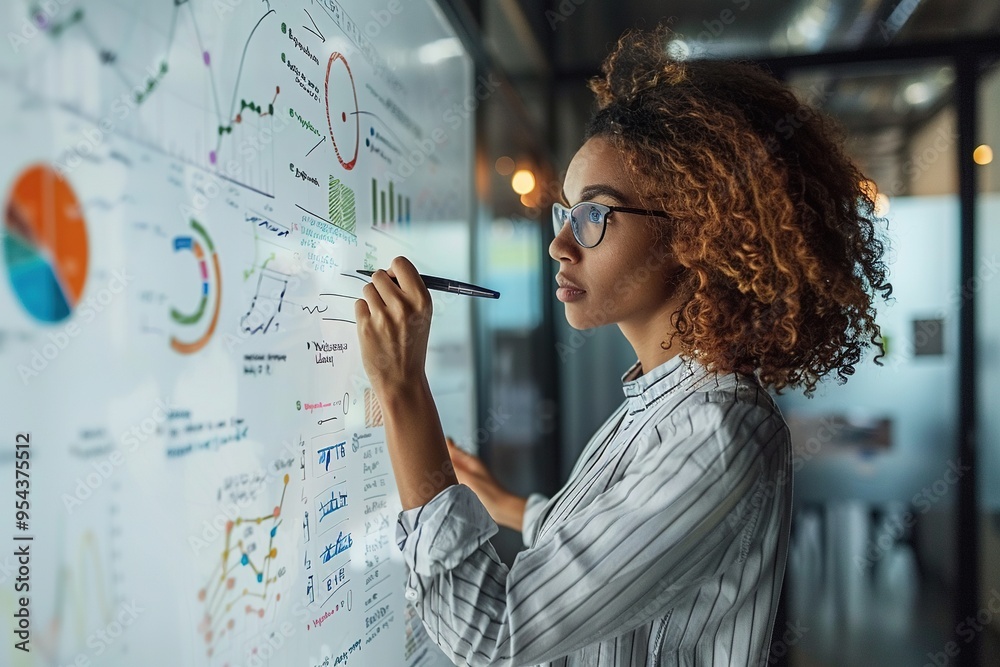 A woman is writing on a whiteboard with a pen A woman is writing on a whiteboard with a pen