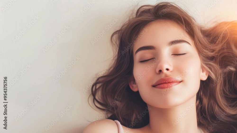 Peaceful young woman with a slight smile relaxing with eyes closed, sense of calm and contentment or daydreaming concept. Peaceful young woman with a slight smile relaxing with eyes closed, sense of calm and contentment or daydreaming concept.