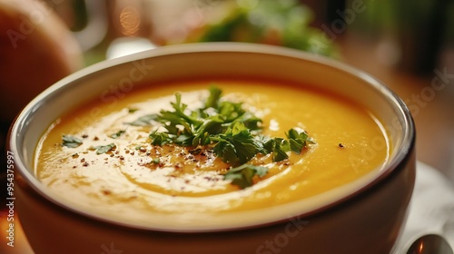 A warm bowl of butternut squash soup, garnished with fresh herbs, as a starter for Thanksgiving dinner..