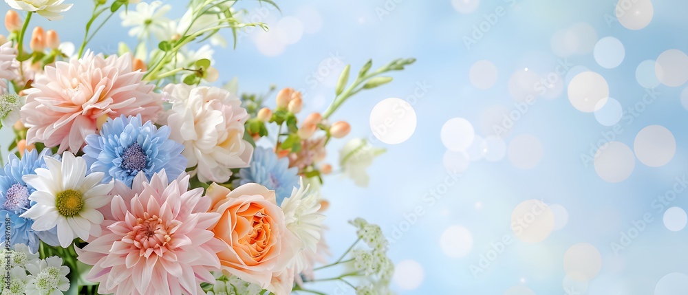 A serene floral arrangement featuring powder blue asters, ivory chrysanthemums, and soft pink peonies in a delicate bouquet A serene floral arrangement featuring powder blue asters, ivory chrysanthemums, and soft pink peonies in a delicate bouquet