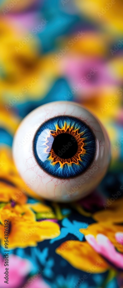 Fototapeta premium Close-up of a colorful artificial eye resting on vibrant floral fabric, showcasing unique patterns and design.