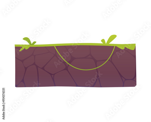 Level platform with green lawn and liana, floating game island land section, vector cartoon fantasy GUI nature location