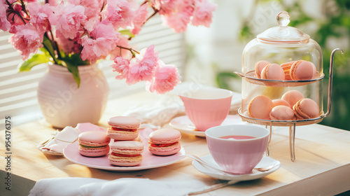 Tea party in the garden, Tea table decoration with flower and macarons