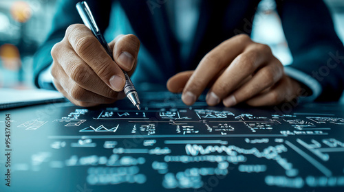 A focused professional writing complex formulas and data on a blackboard, showcasing strategy and analytical skills in action.