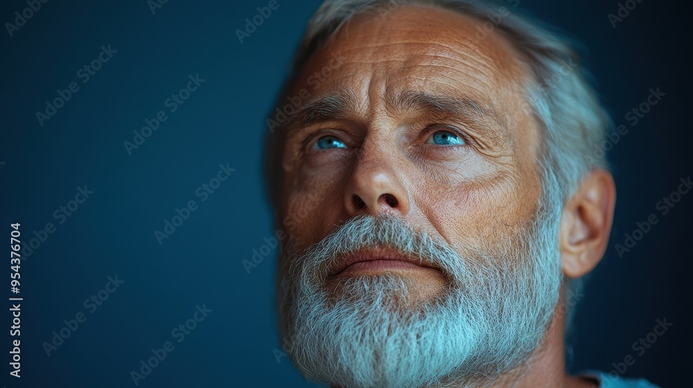 Elderly Man with a Beard Thinking Over a Blue Background, Copy Space for Text and Web Banner Design, Bald Old Male Portrait Looking Up in Thought on a Deep Navy Backdrop, High-Resolution Photography Elderly Man with a Beard Thinking Over a Blue Background, Copy Space for Text and Web Banner Design, Bald Old Male Portrait Looking Up in Thought on a Deep Navy Backdrop, High-Resolution Photography