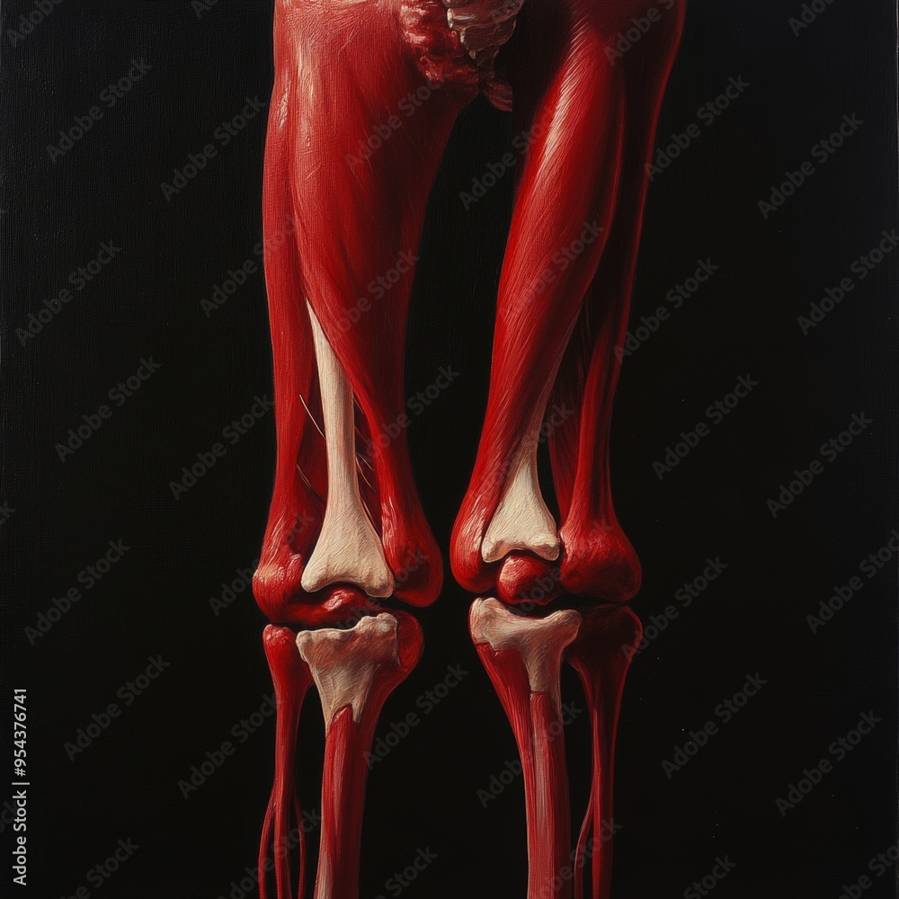 Detailed anatomical illustration of human legs showing muscles and ...