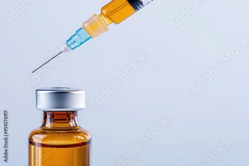 A close-up of a syringe poised above a vial, illustrating the preparation of a vaccine or medication. photo