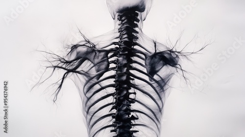 Detailed view of a human skeleton highlighting the spine, showcasing intricate bone structure and anatomical features.