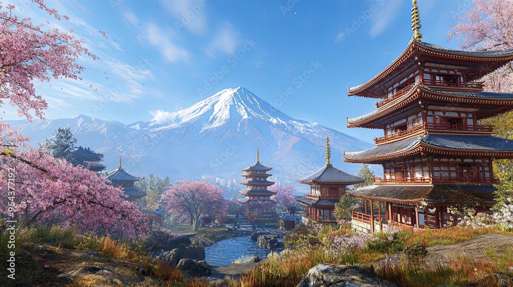 Scenic view of a traditional Japanese temple with cherry blossoms in full bloom and a snow capped mountain in the background. Scenic view of a traditional Japanese temple with cherry blossoms in full bloom and a snow capped mountain in the background.