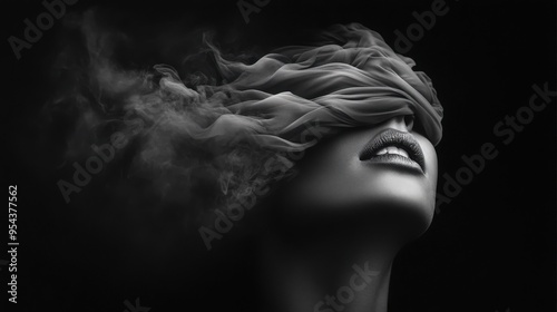 A captivating monochrome portrait of a woman with smoke-like fabric obscuring her eyes, evoking mystery and emotion. photo