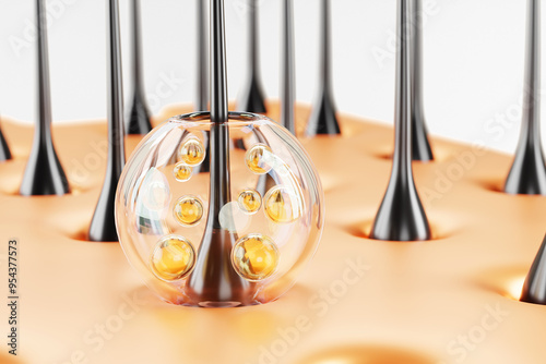 Fototapeta Naklejka Na Ścianę i Meble -  3d hair care render macro background. Scalp with follicle and oil vitamin serum or shampoo, liquid transparent drop with gold bubbles. Cosmetic banner, treatment and repair concept. 3D illustration