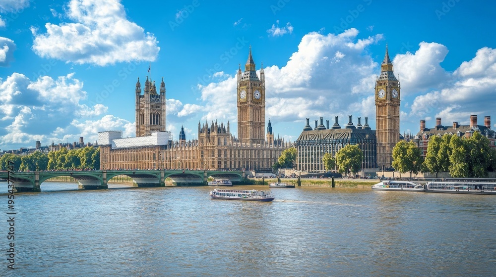 British Parliament on Thames River in sunny London. British Parliament on Thames River in sunny London.