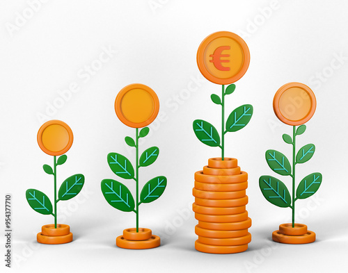 3d of pile of coins that has plants growing on it and produces interest, profits and returns on investment. Can be used for banking, financial sector, fintech apps, seminar banners, economy