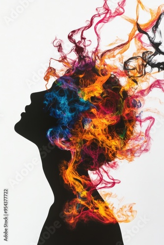 A creative silhouette of a woman with colorful, vibrant smoke representing thoughts and emotions. Perfect for artistic projects.