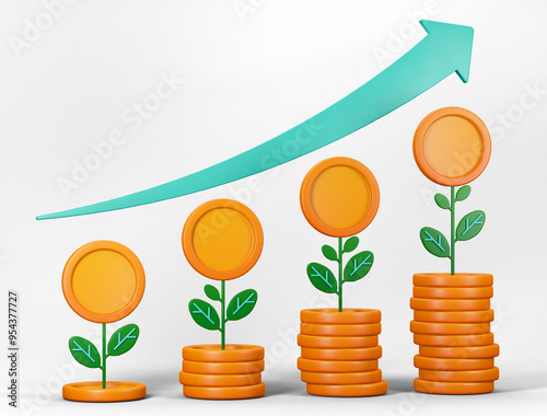 3d of growth of pile of coins and arrow goes up for investment and finance. Can be used for banking, financial sector, fintech apps, seminar banners, financial and economic education