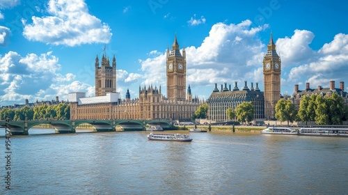 British Parliament on Thames River in sunny London.