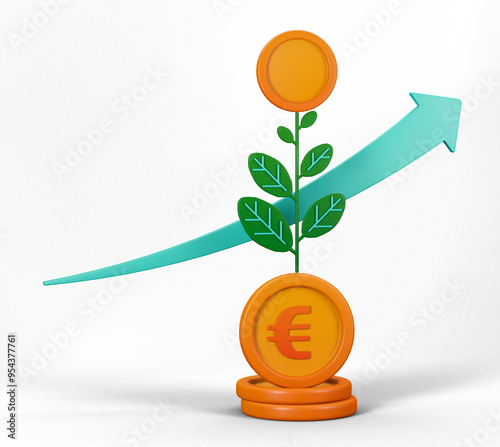 3d of investment plant that grows from euro coins for investment and finance. Can be used for banking, financial sector, fintech apps, seminar banners, financial and economic education