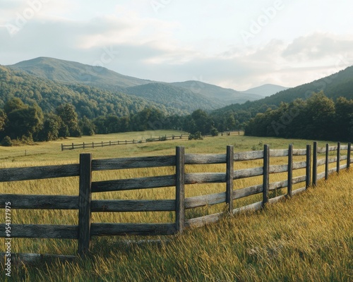 Rustic Countryside Landscape with a Solid Grainy Wooden Fence, Scenic View of Rolling Hills and Lush Green Fields