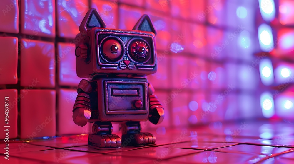 Toy robot cat on a red and purple tiled background Toy robot cat on a red and purple tiled background