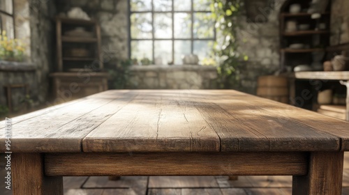 Rustic Farmhouse Kitchen Table with Visible Wood Grain, Perfect for Country Style Dining or Displaying Decor