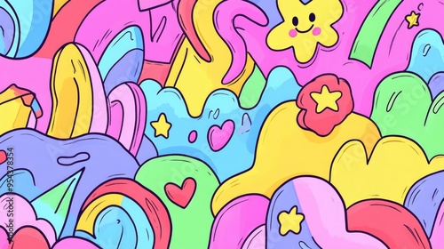 Cute Kawaii Style Doodle Design for Kids with Bold Lines and Soft Pastel Colors