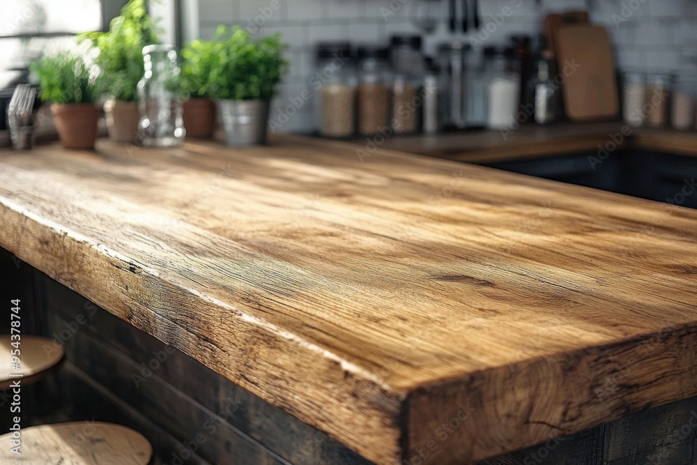 Rustic Kitchen Countertop with Solid Grainy Wooden Table, Perfect for Meal Prep and Cooking, A Warm and Inviting Space for Culinary Creations