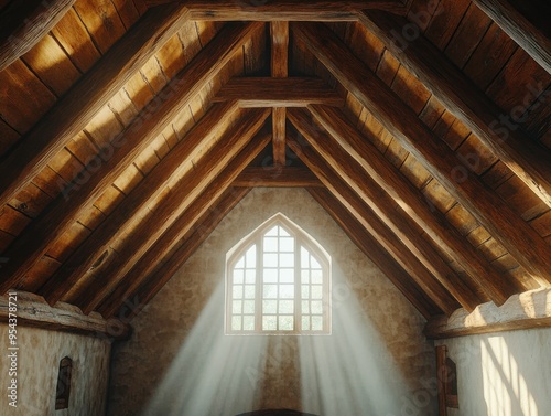 Rustic High Ceiling Room with Exposed Wooden Rafters and Beams, Vintage Architecture and Interior Design Inspiration