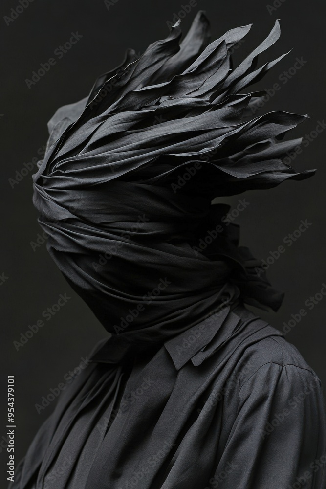 An abstract representation of identity, featuring a faceless figure draped in flowing black fabric against a dark backdrop. An abstract representation of identity, featuring a faceless figure draped in flowing black fabric against a dark backdrop.