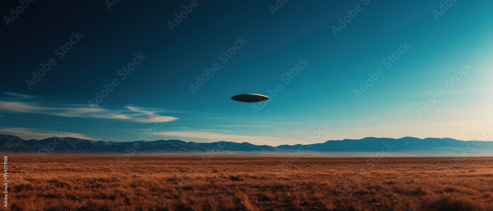 An intriguing scene of a flying saucer hovering over a vast landscape under a clear blue sky. An intriguing scene of a flying saucer hovering over a vast landscape under a clear blue sky.