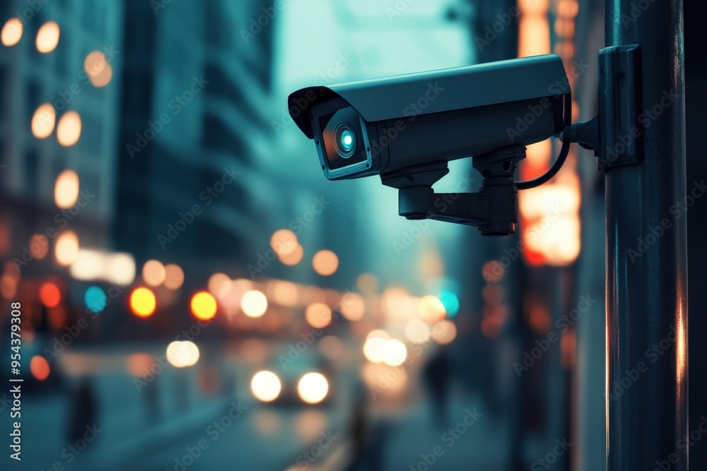 Close-up view of a security camera in an urban setting, capturing evening activity with a blurred cityscape background. Close-up view of a security camera in an urban setting, capturing evening activity with a blurred cityscape background.