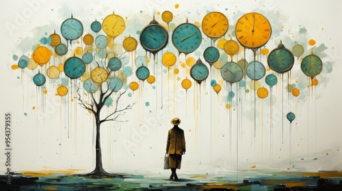 Time Passing, Surreal Landscape Painting with Melting Clocks on Tree, Man Walking Away