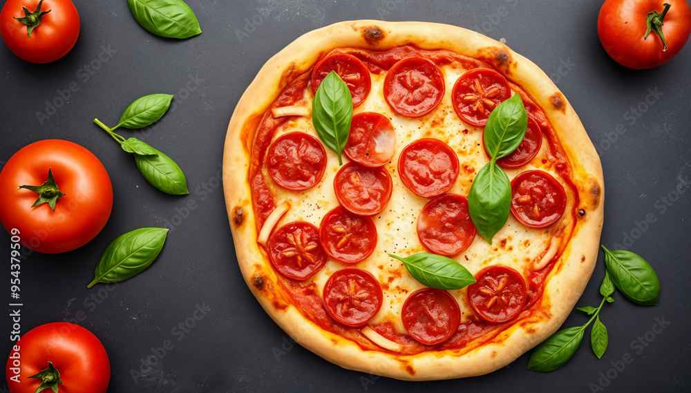 Traditional italian pizza on dark table, top view Traditional italian pizza on dark table, top view