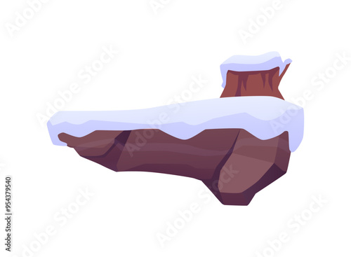 Vector illustration depicting a flying island with a stump and snow on a white background