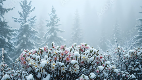 snow covered trees and flower