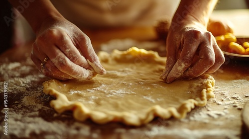 Hands rolling out pie dough on a floured surface, ready to be shaped into a Thanksgiving pie crust..