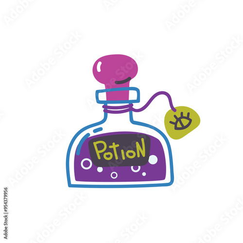 Bottle with potion. Alchemical liquid in glass. Magic drink