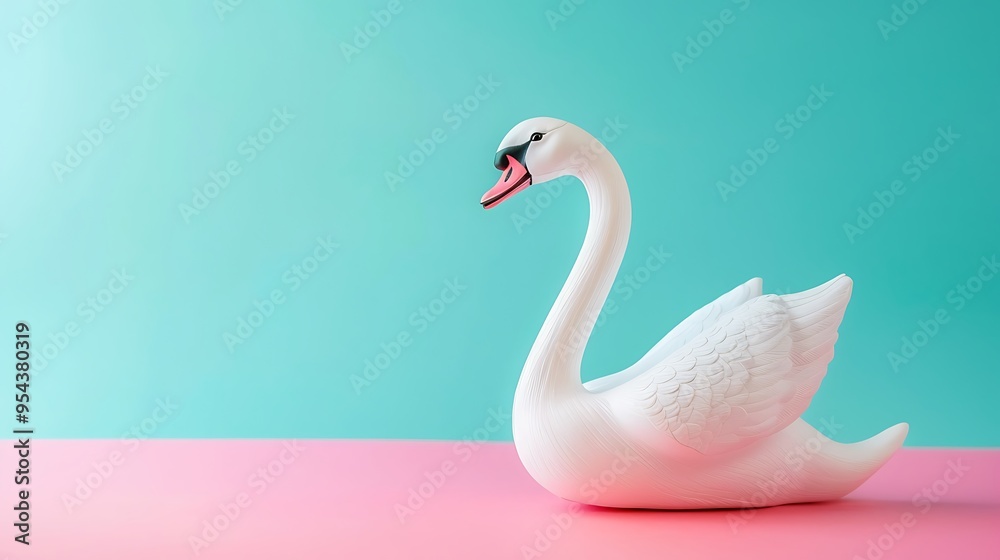 Fototapeta premium Toy swan isolated on cyan and magenta background