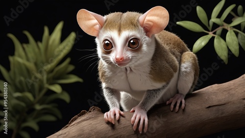 Close-up of a Cute Mouse  Lemur on a Branch with a Dark  Background. Endangered species. Tropical fauna. Animal of Madagascar . photo