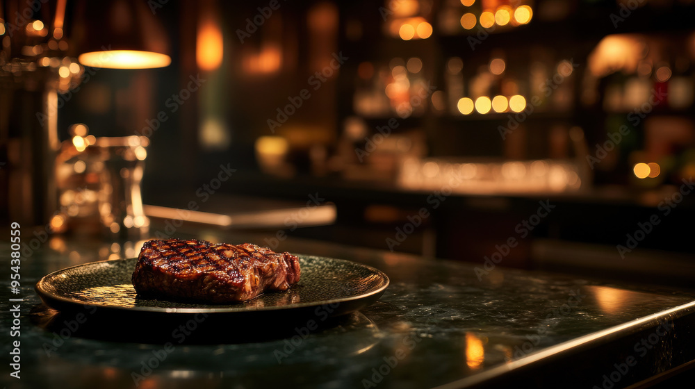 Artistic shot of grilled steak on a dark green bar counter in a stylish Asian setting. Artistic shot of grilled steak on a dark green bar counter in a stylish Asian setting.