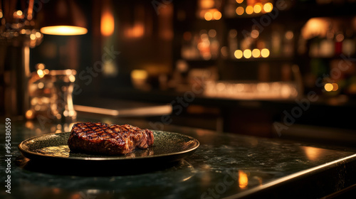 Wallpaper Mural Artistic shot of grilled steak on a dark green bar counter in a stylish Asian setting. Torontodigital.ca