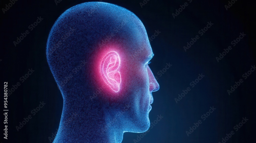 A glowing of a human head highlighting the ear, symbolizing sound perception and auditory health.