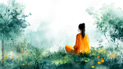 Serene Mindfulness: Woman Meditating in Tranquil Garden Watercolor Illustration