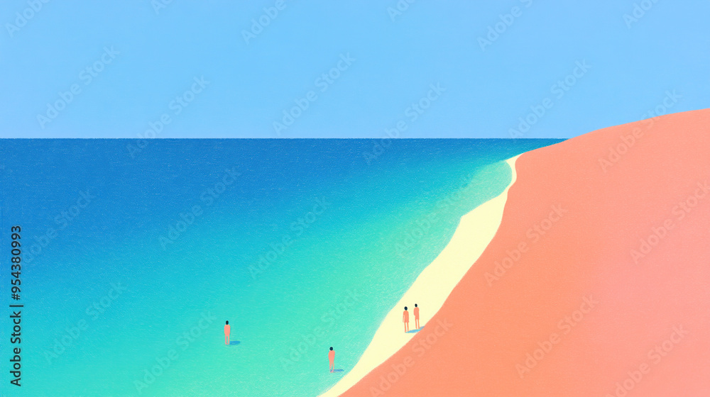 Naklejka premium Minimalist illustration of a beach scene with four figures standing on the shore and in the water.
